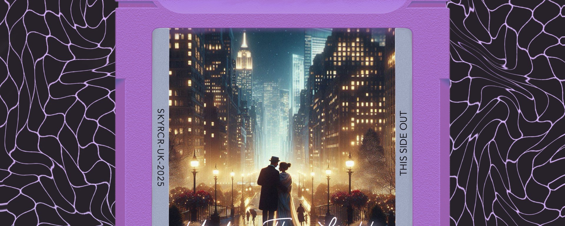 A vintage-style purple game cartridge labelled "SKYRACER" frames a romantic couple standing close together under glowing city lights in a dreamy, cinematic street scene. The background features an abstract black pattern with flowing purple lines. The title "Under The Lights" appears at the bottom of the cartridge image in elegant script.