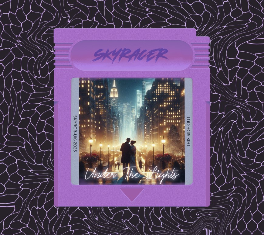 A vintage-style purple game cartridge labelled "SKYRACER" frames a romantic couple standing close together under glowing city lights in a dreamy, cinematic street scene. The background features an abstract black pattern with flowing purple lines. The title "Under The Lights" appears at the bottom of the cartridge image in elegant script.
