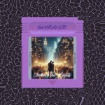 A vintage-style purple game cartridge labelled "SKYRACER" frames a romantic couple standing close together under glowing city lights in a dreamy, cinematic street scene. The background features an abstract black pattern with flowing purple lines. The title "Under The Lights" appears at the bottom of the cartridge image in elegant script.